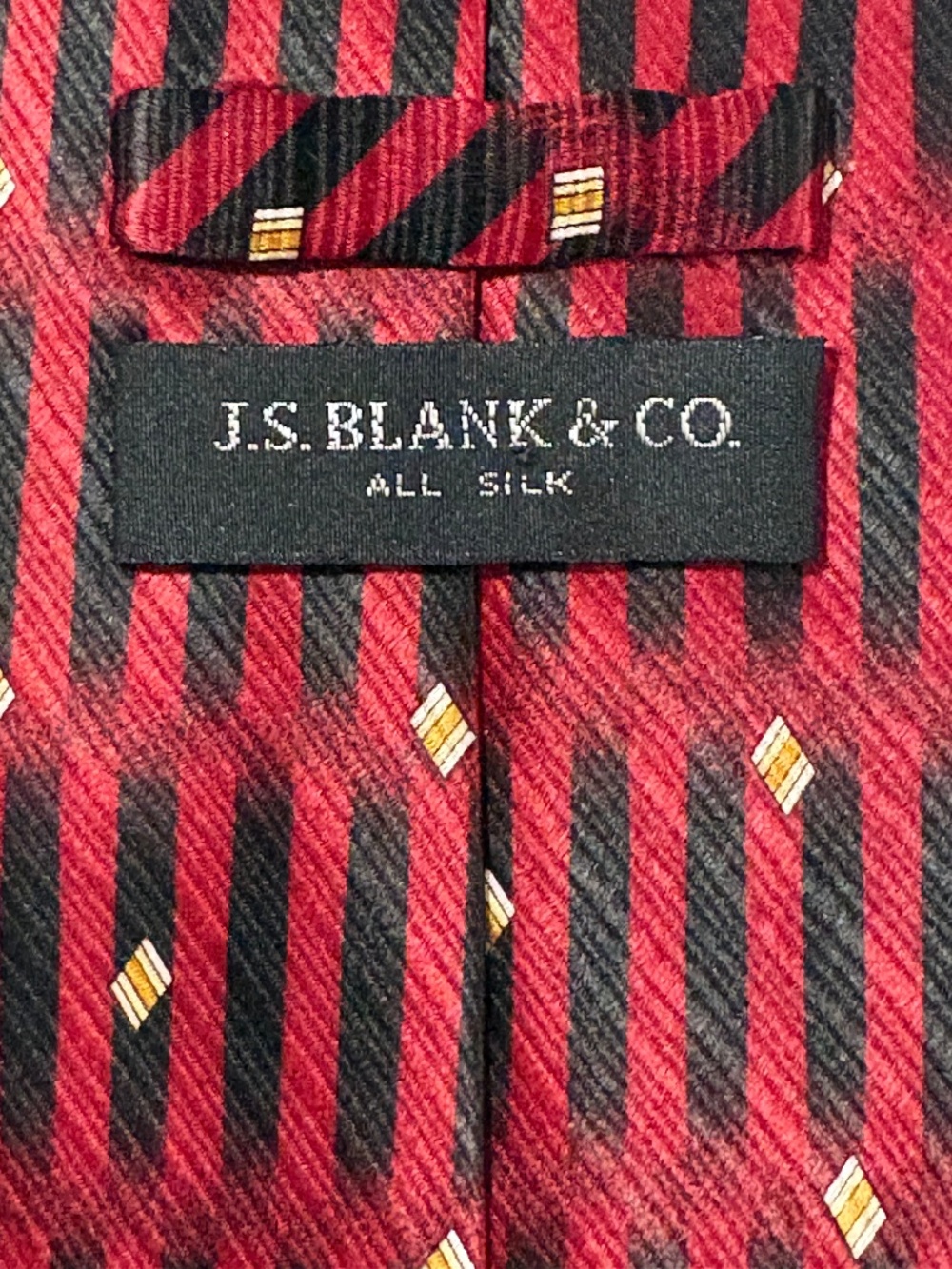 VTG J.S. Blank & Co Silk Tie Red Black Geometric Striped 4 inch Wide Retro